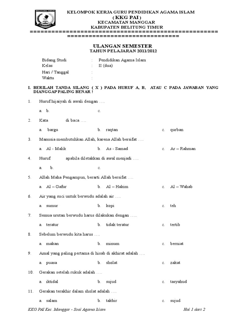 Soal Agama Islam Kelas 2 Sd