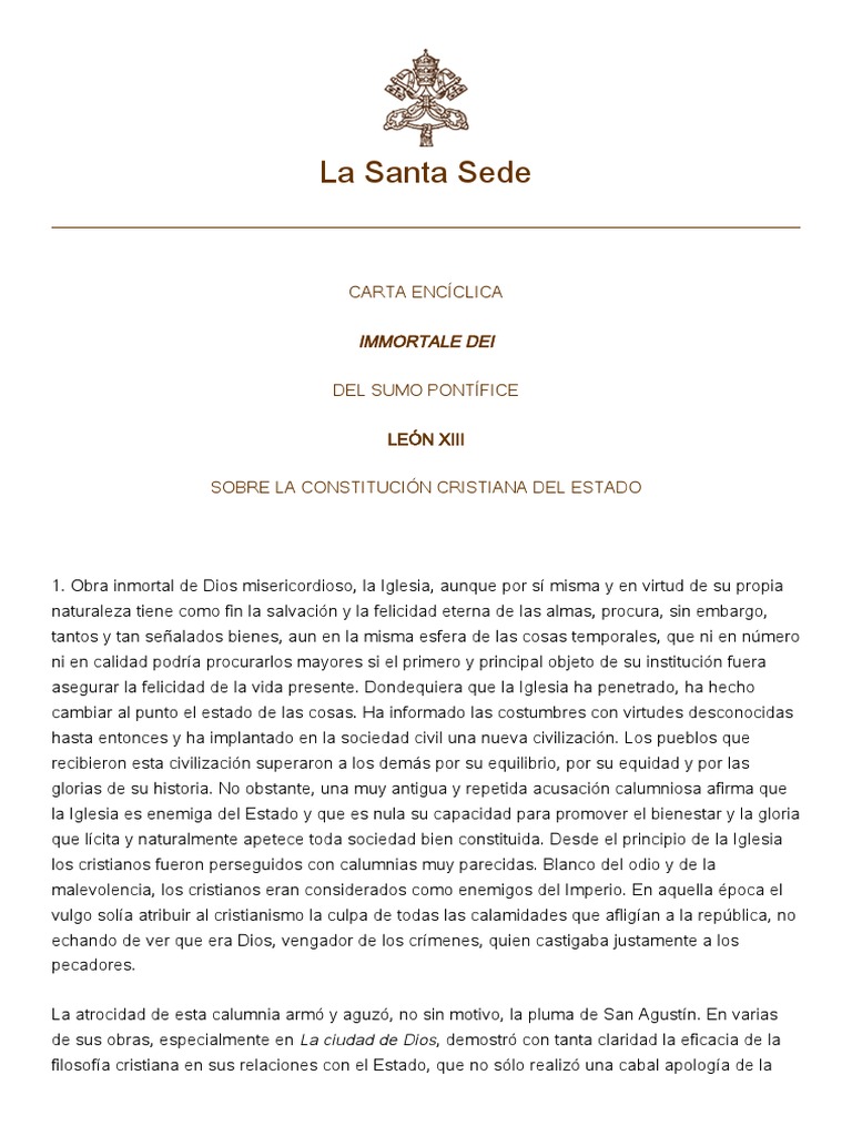 Leon XIII IMMORTALE DEI PDF Estado (política) Iglesia Católica