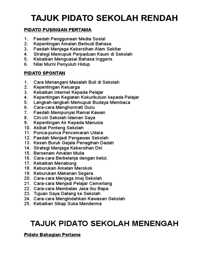 Teks Pidato Bahasa Melayu Sekolah Rendah