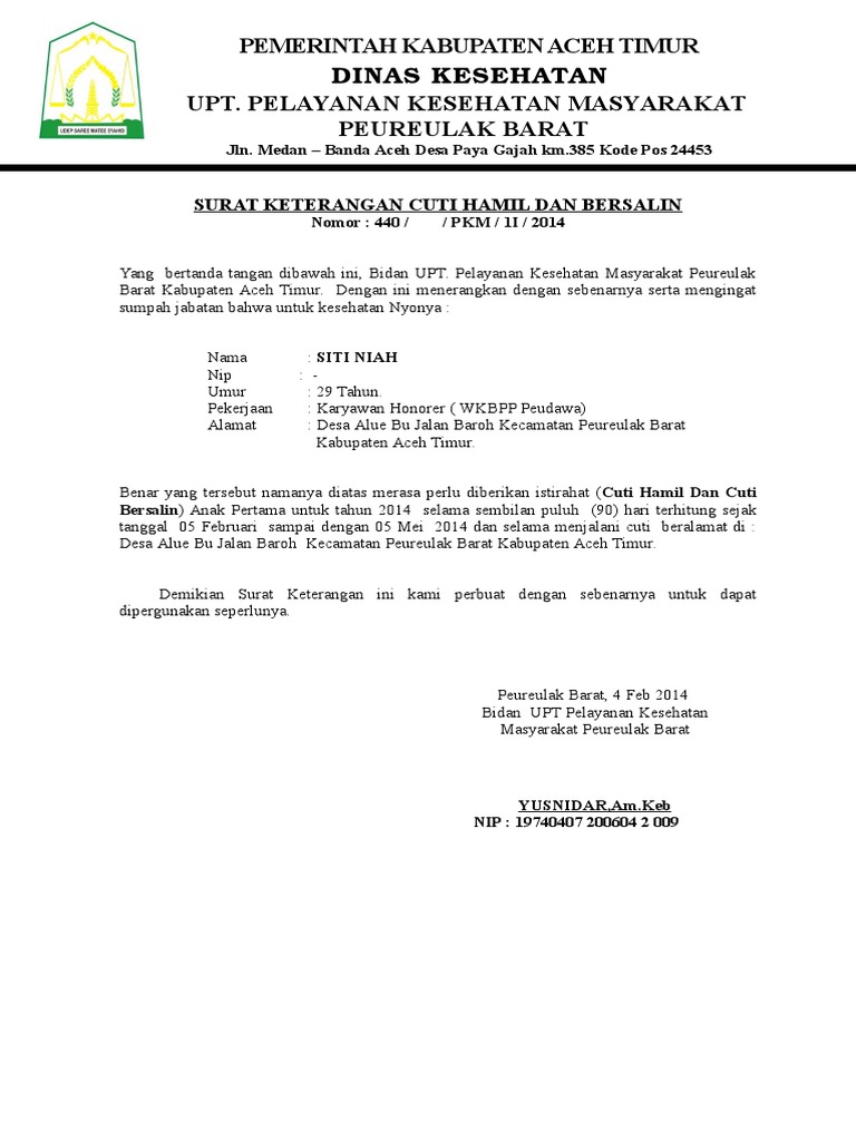 Surat Cuti Bersalin Dari Bidan