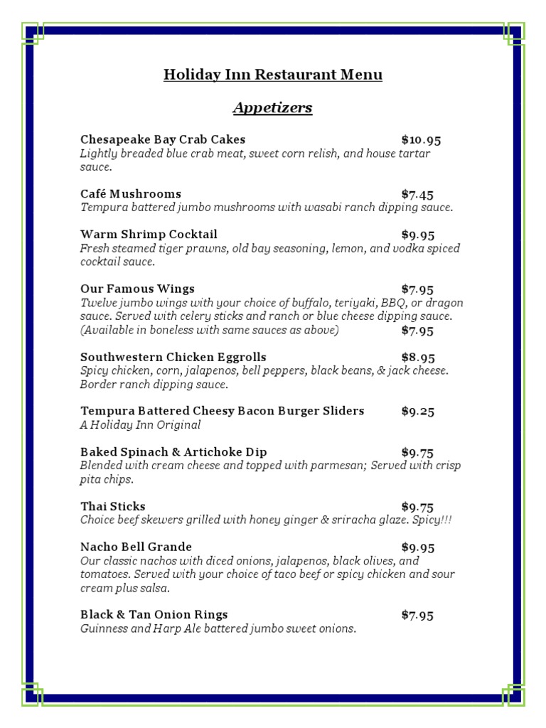 Holiday Inn Restaurant Menu Prices | PDF | Salad | Hamburgers