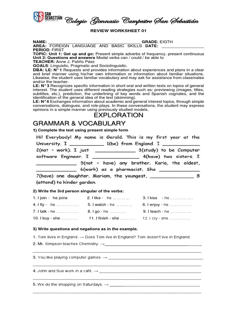 REVIEW WORKSHEET FIRST TERM EIGHT GRADE | Ellipsis | Linguistics