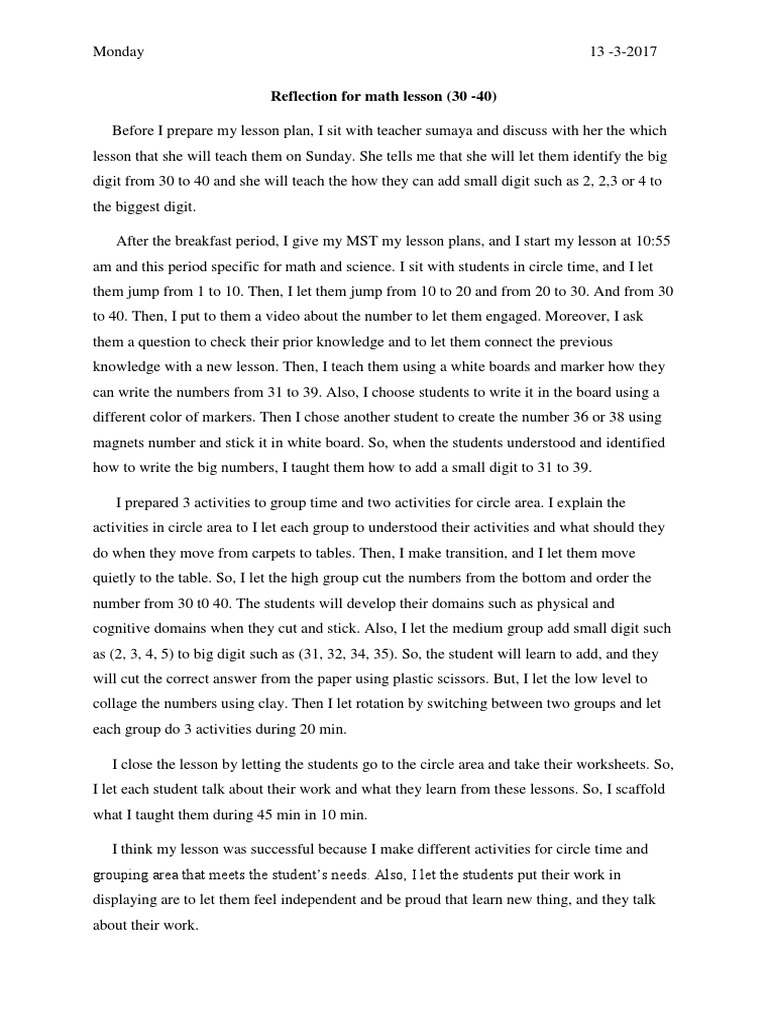 math reflection essay grade 9