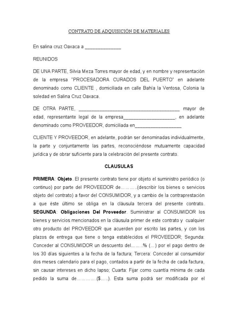 Modelo para Elaboracion de Un Contrato de Suministro | PDF | Economias |  Negocios (general)