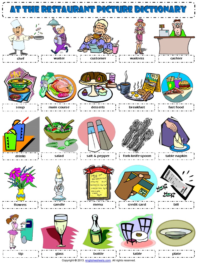 at the restaurant vocabulary pictionary poster worksheet pdf