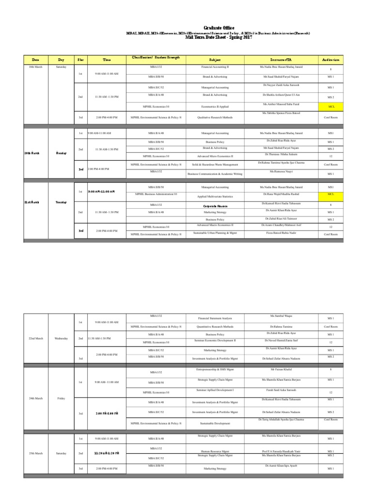 Mid Term Datesheet Spring 2017 | PDF | Master Of Business ...