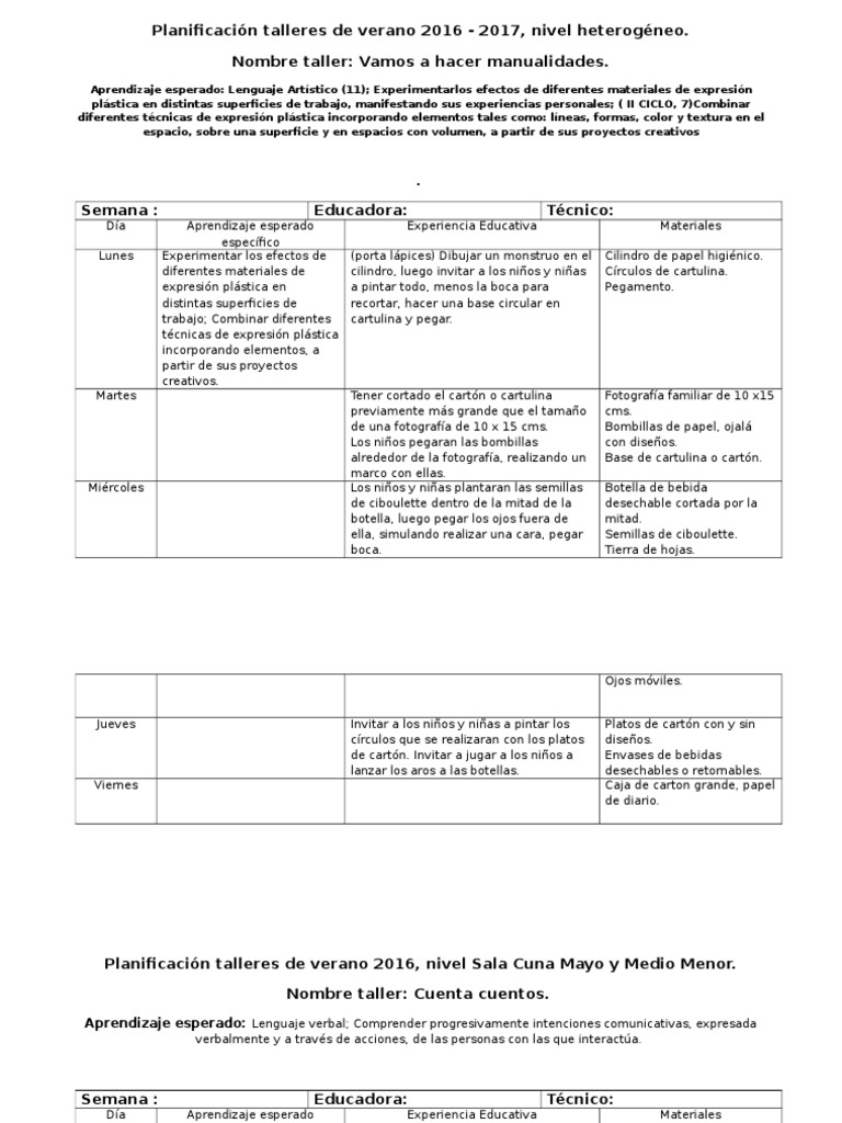 Planificación Talleres de Verano 2016 - 2017 Semana Del 4 Enero 2017
