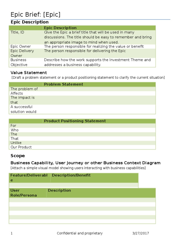 Epic Brief Template PDF Scrum (Software Development) Systems