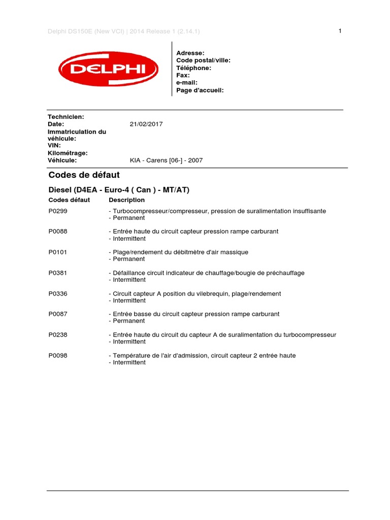 Codes défaut Delphi pour KIA Carens | PDF