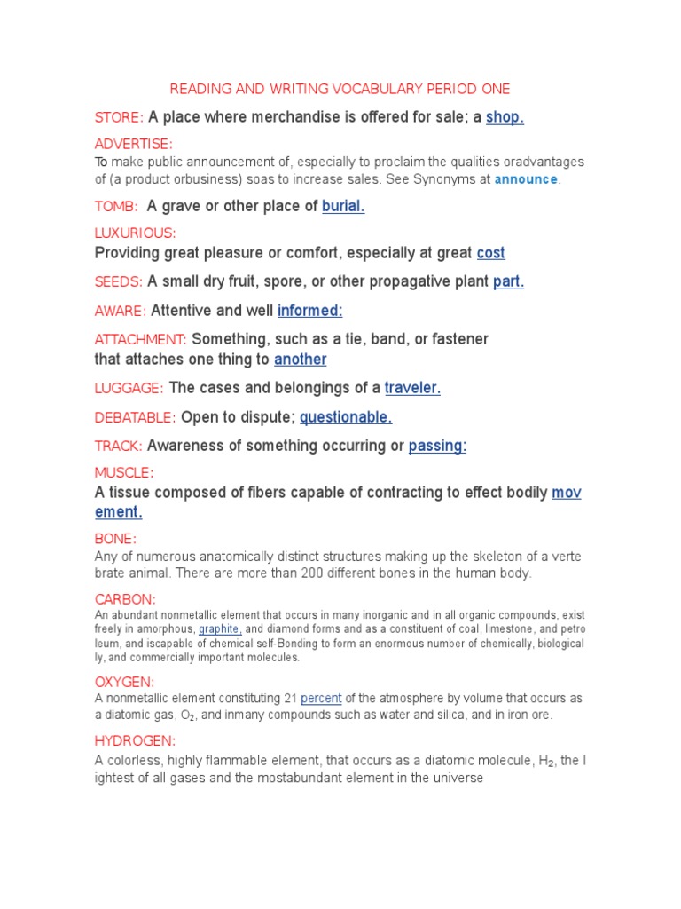 Reading and Writing Vocabulary PDF Grain Food And Drink