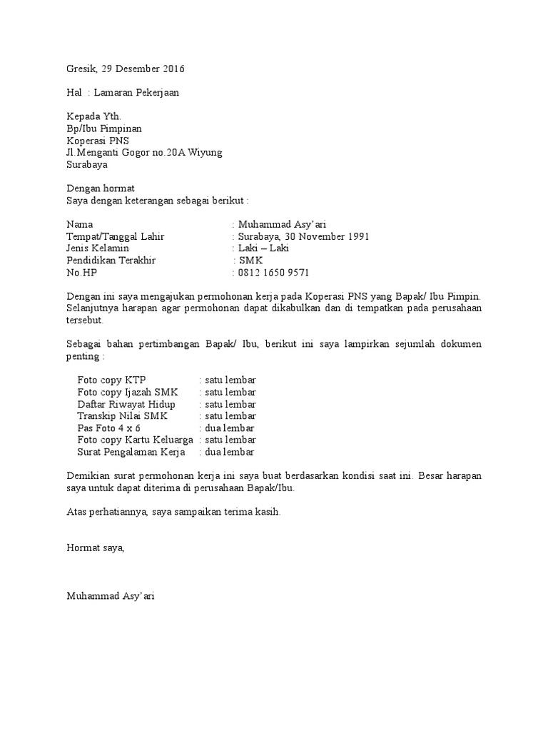 Surat Lamaran Kerja Koperasi Doc