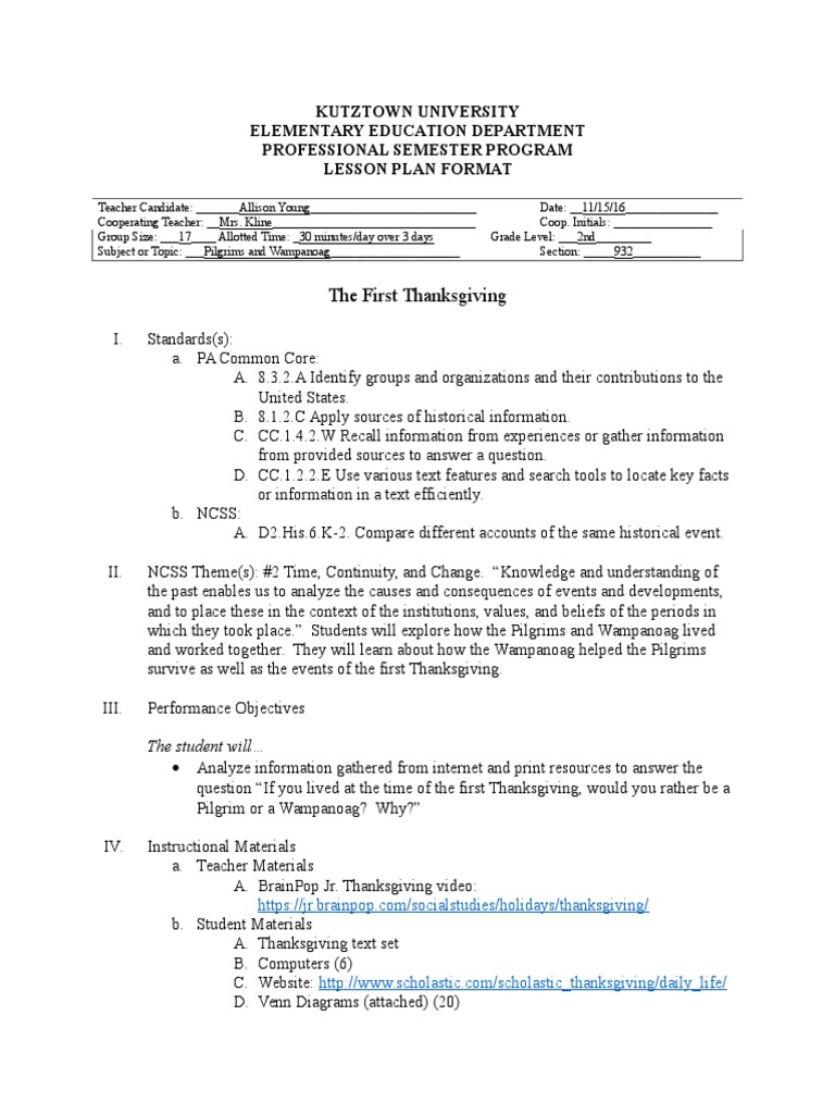 Thanksgiving Lesson Plan for 2nd Grade | PDF | Pilgrim Fathers ...