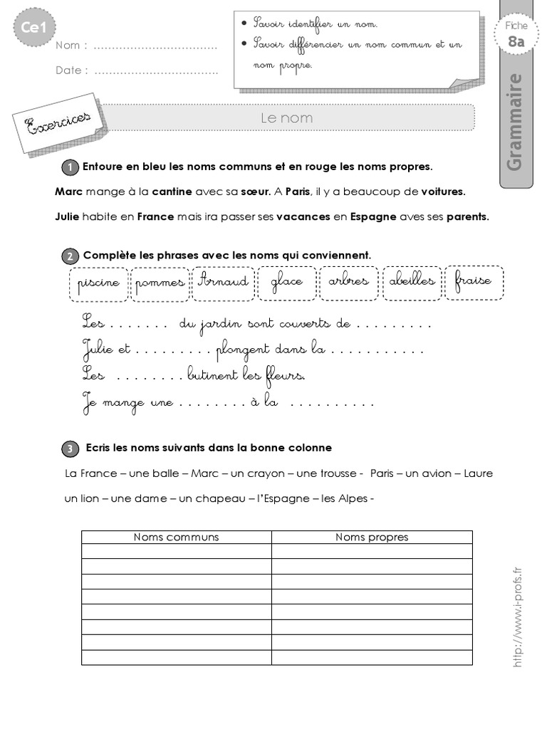 Nom Propre Et Nom Commun Exercice Ce1 Exercices Nom | PDF
