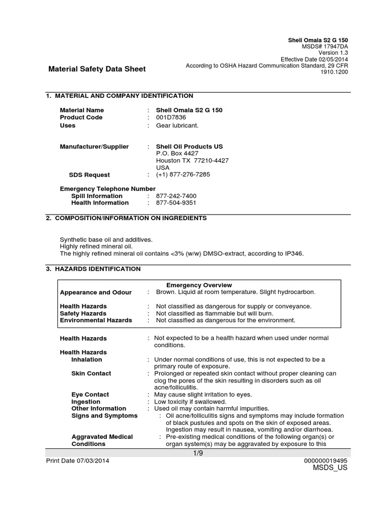 Shell Omala s2 g 150Msds Equipo de protección personal Toxicidad