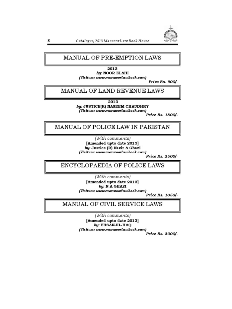 Manual of PreEmption Laws Catalogue, 2013 Manzoor Law Book House PDF