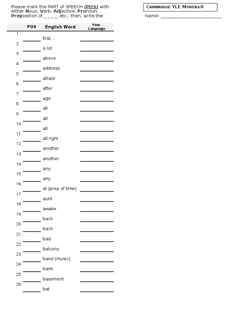 cambridge yle movers vocabulary worksheet word document part of