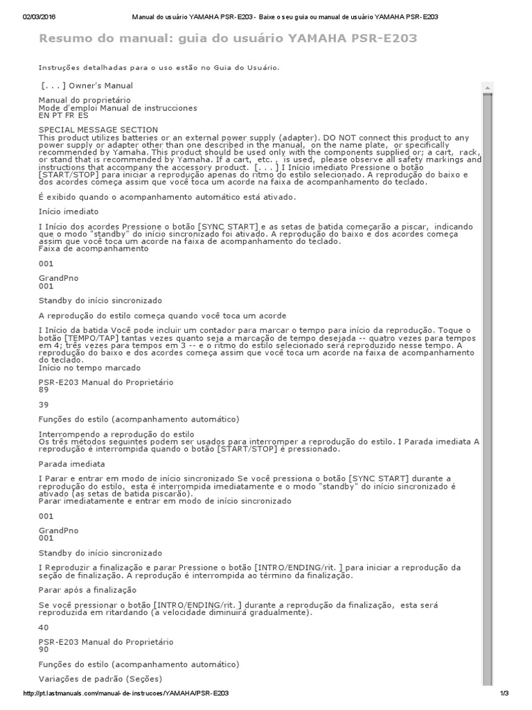 Manual Do Usuário YAMAHA PSRE203 Baixe o Seu Guia Ou Manual de