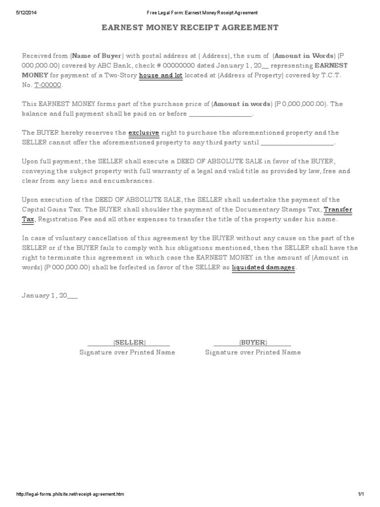Free Legal Form Earnest Money Receipt Agreement pdf
