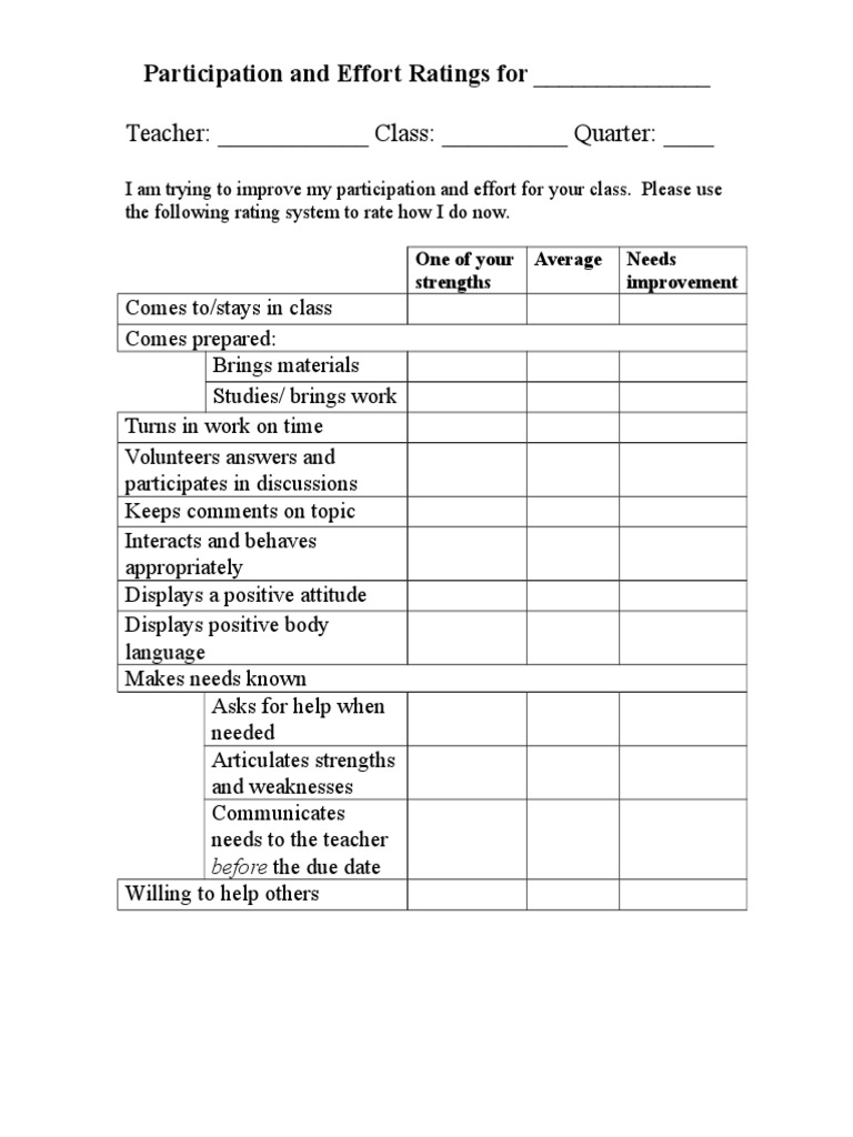 Student Participation Effort Rating Form | PDF | Science & Mathematics
