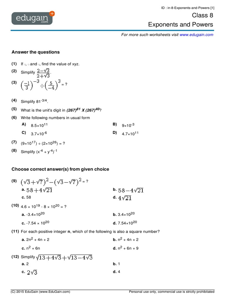 Grade 8 Exponents and Powers in | PDF | Exponentiation | Elementary ...