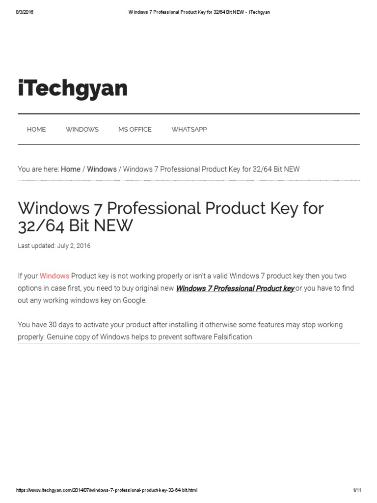 Windows 7 Professional Product Key For 32 64 Bit NEW ITechgyan PDF Windows 7 Microsoft