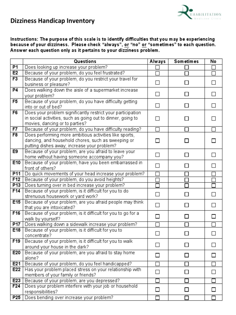 Dizziness handicap inventory disability mental health