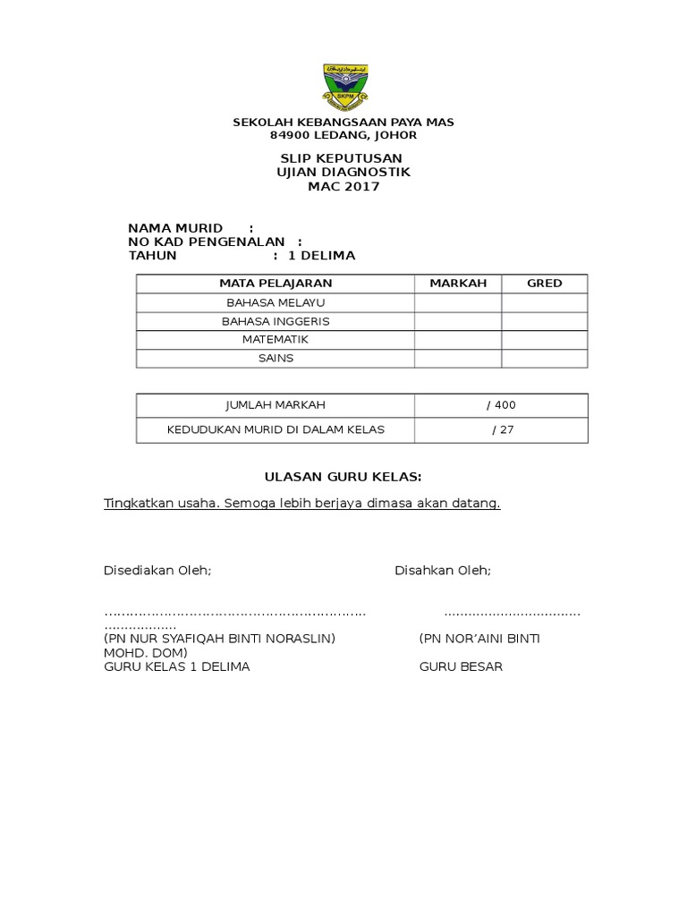Contoh Slip Keputusan Ujian Diagnostik PDF