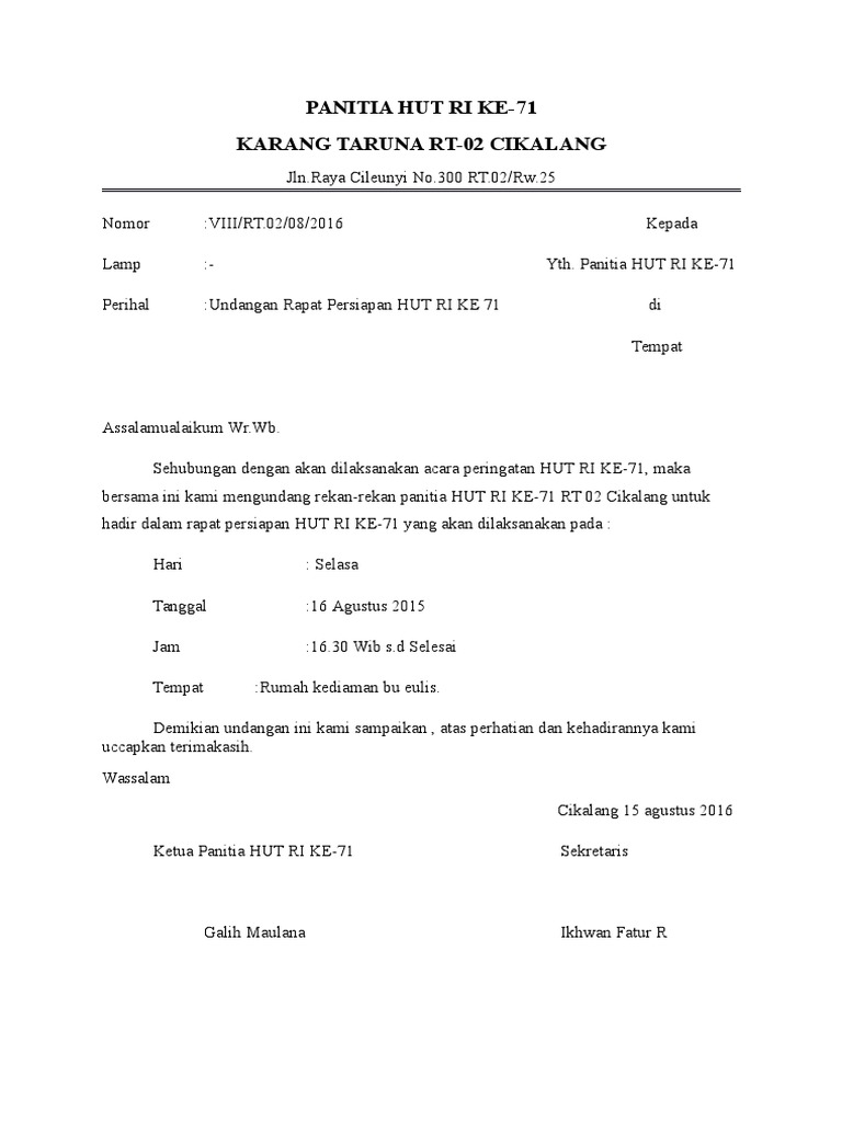 90 Contoh Surat Undangan Karang Taruna Acara Agustusan Terbaik Gratis