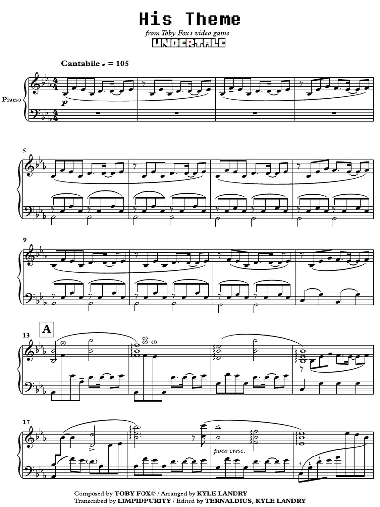 Kyle Landry - Undertale - His Theme Piano Sheet | PDF