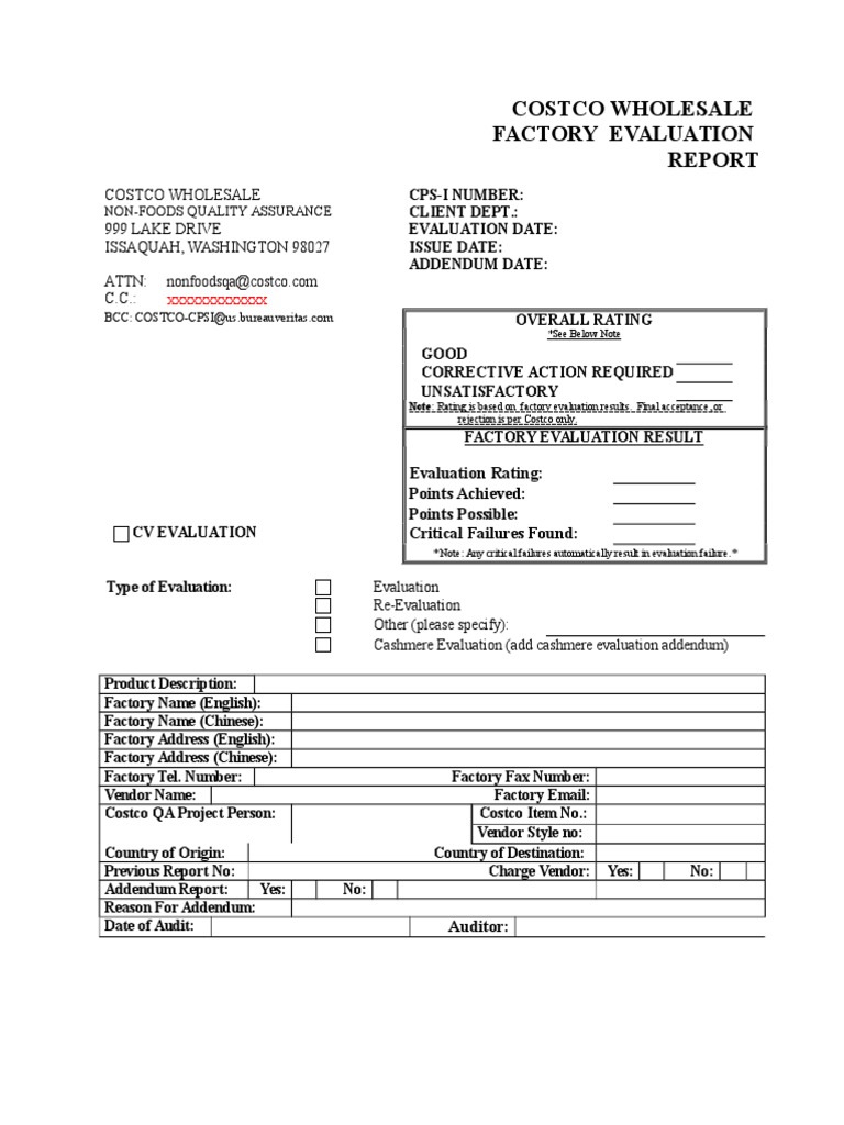 Costco Factory Evaluation Report 22FEB05 PDF Quality Assurance
