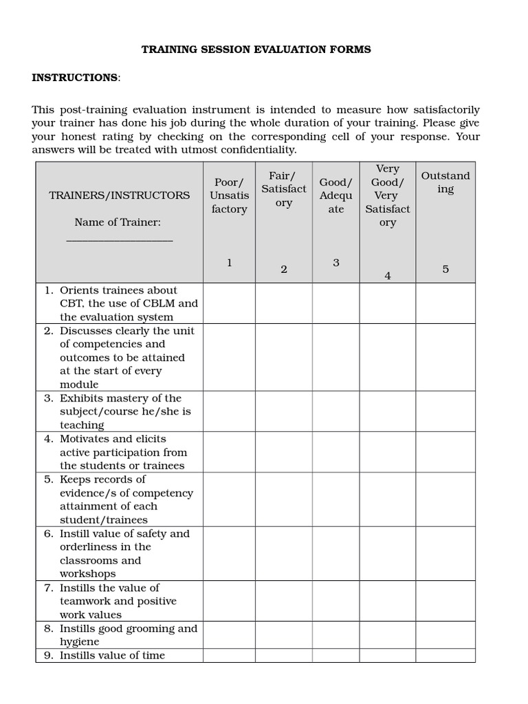 training presentation evaluation form