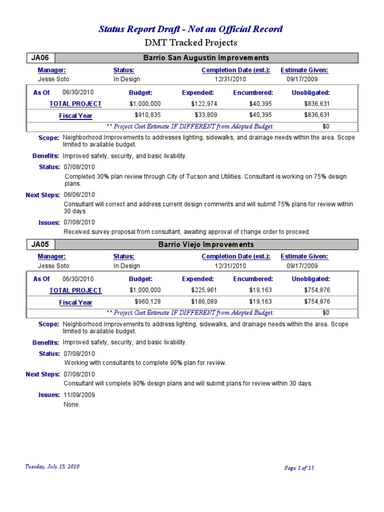 Monthly Status Report | PDF | Tucson | City