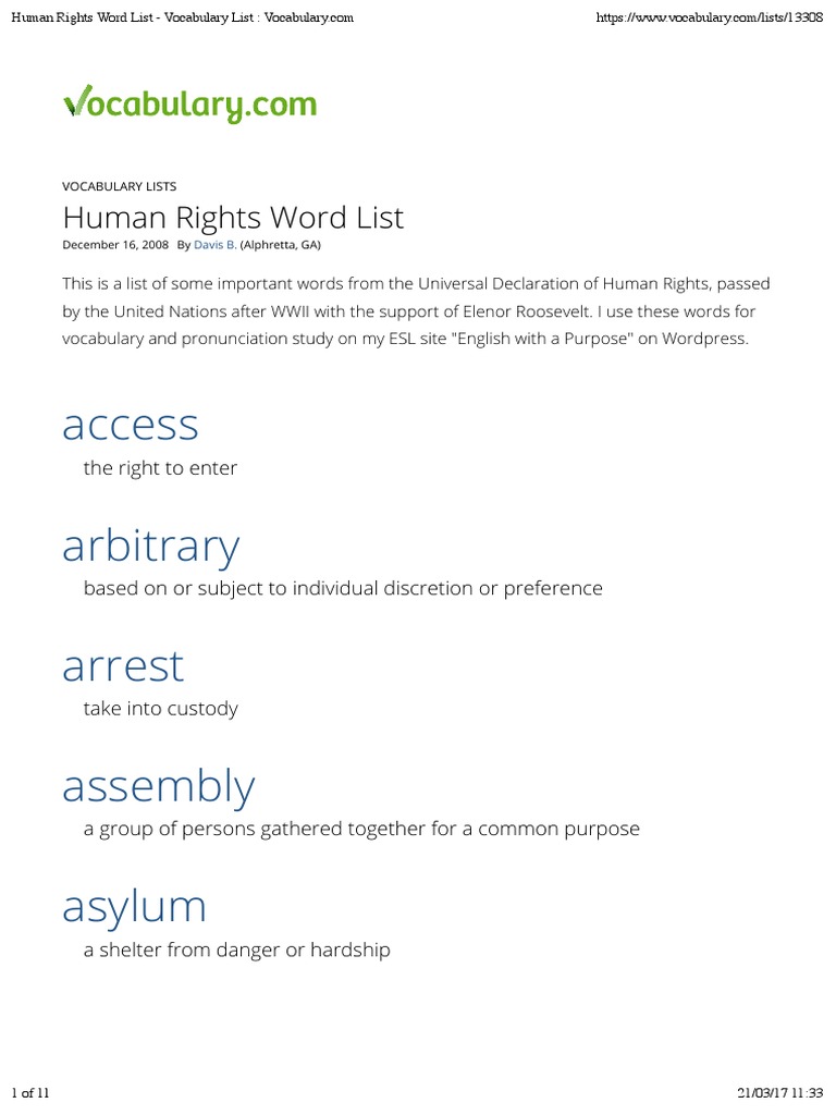 Human Rights Word List - Vocabulary List : PDF | PDF | Human Rights ...