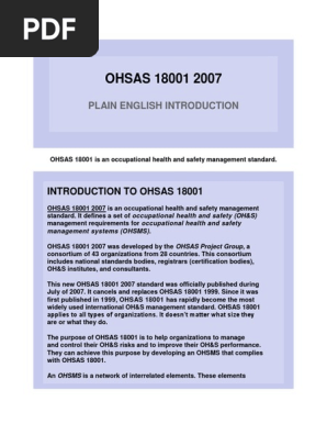 Ohsas 18001 2007 Hse Safety Occupational Safety And Health