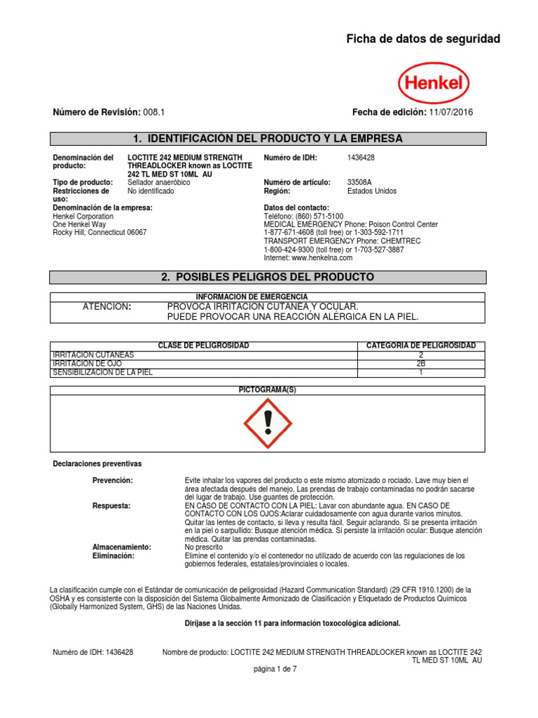 LOCTITE 242 THREADLOCKER Combustión Agua