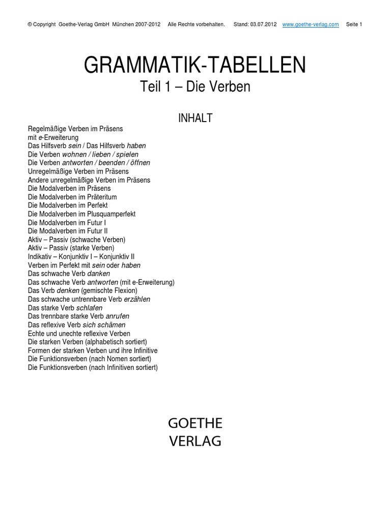 Verben - Grammatik - Tabellen | PDF