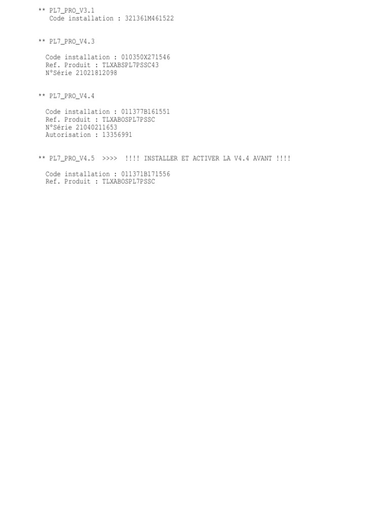 Codes d'installation pour PL7 Pro 4.5 | PDF
