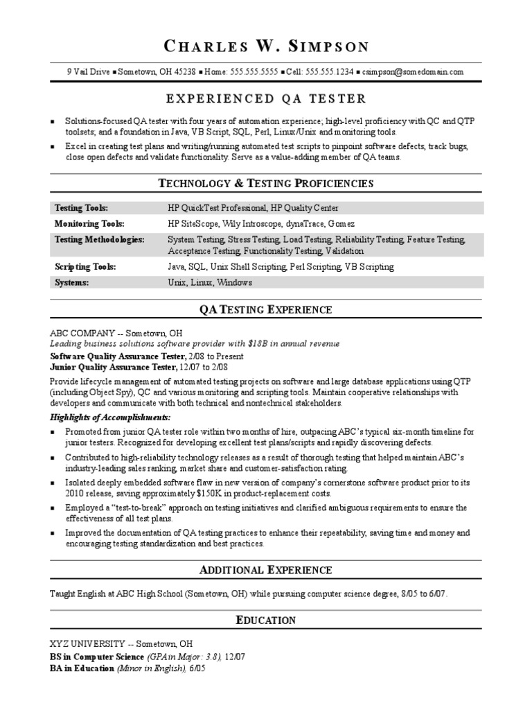 Experienced QA Tester Resume | PDF | Quality Assurance | Software Testing