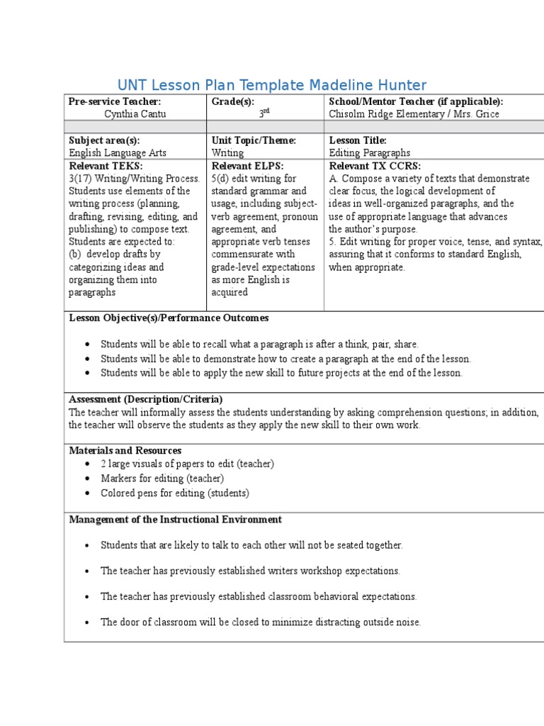 Madeline Hunter Lesson Plan Paragraphs  PDF  Homework  Applied Within Madeline Hunter Lesson Plan Template Word