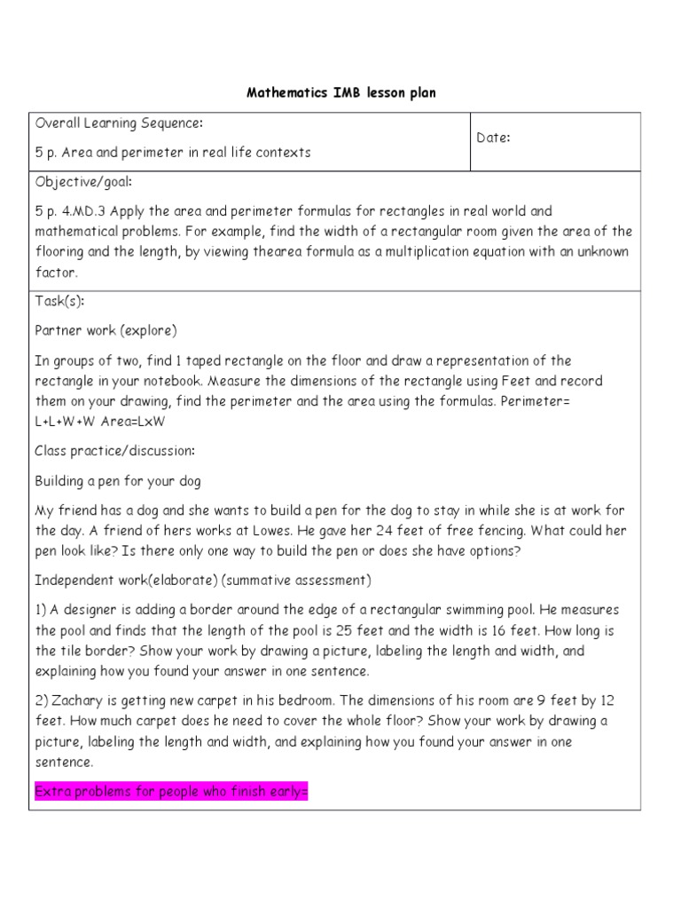 mathematics imb lesson plan | Rectangle | Question
