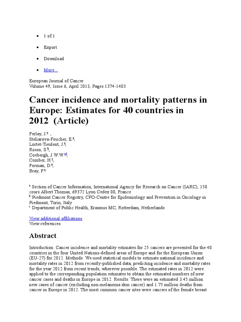 Cancer Incidence and Mortality Patterns in Europe: Estimates For 40 ...