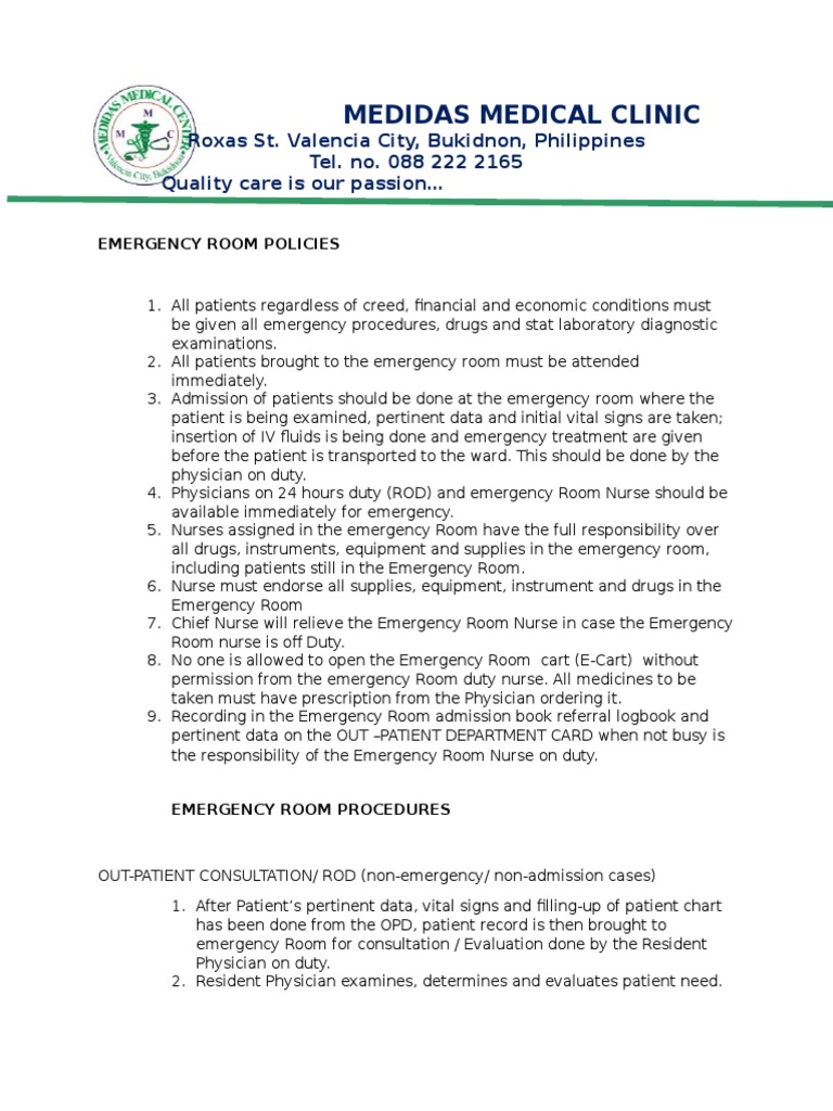 Emergency Room Policies Emergency Department Patient