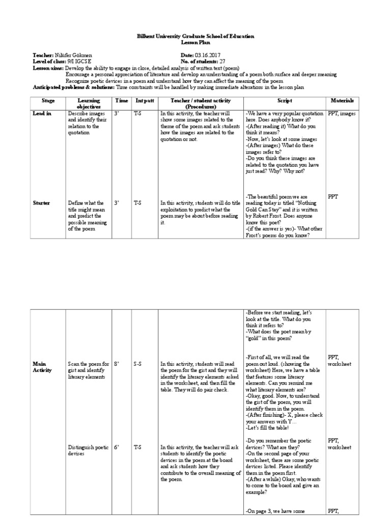 Nothing Gold Can Stay Lesson Plan Pdf Poetry Lesson Plan