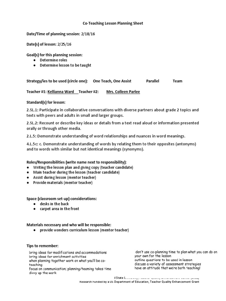 Co-Teachingplanningsheet Ite317 | PDF