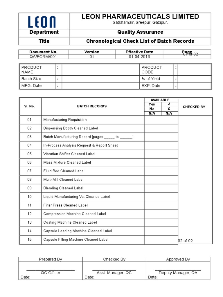 Check List of Batch Record Production And Manufacturing Industrial