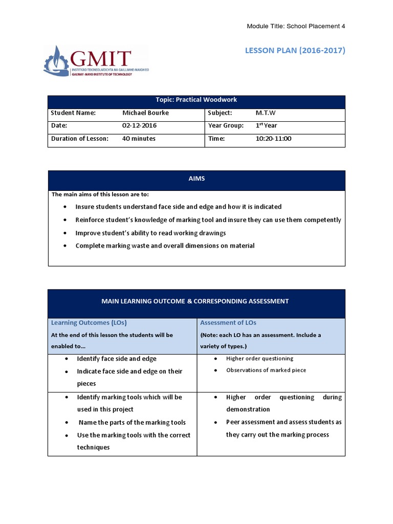 Practical Woodwork Lesson Plan | PDF