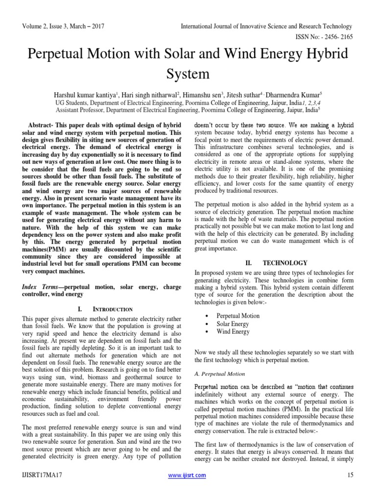 Perpetual Motion With Solar and Wind Energy Hybrid System PDF Wind