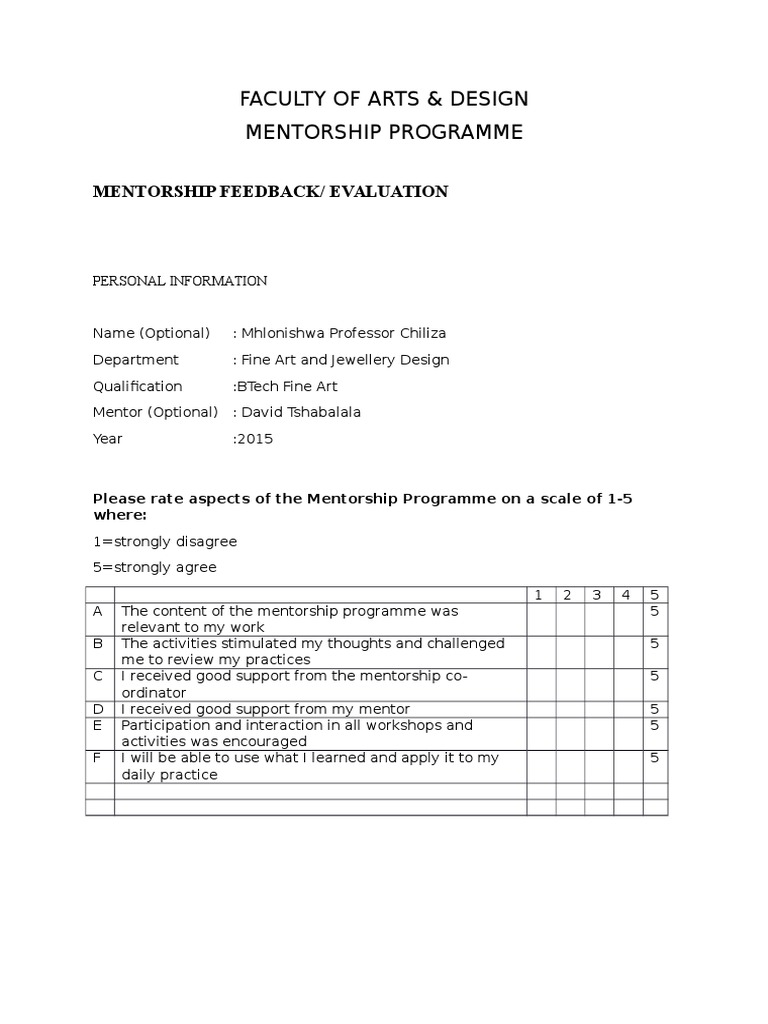 Mentorship Programme Evaluation Template Pdf