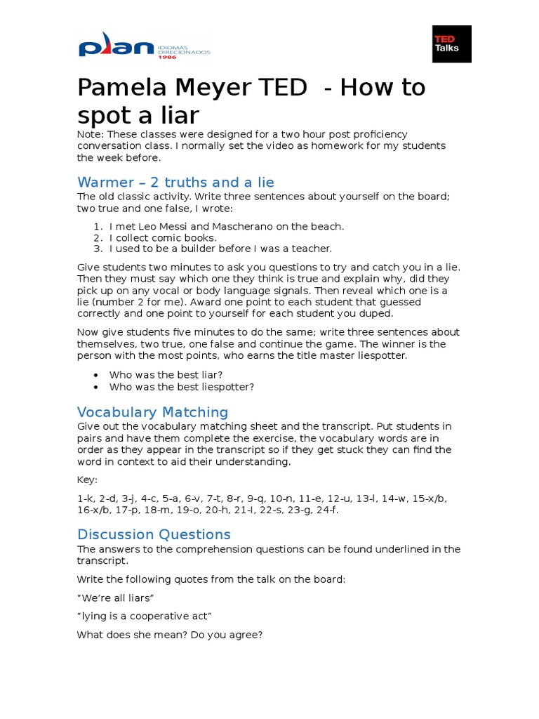 Pamela-Meyer-lesson-plan How To Spot A Liar | PDF | Lie | Deception