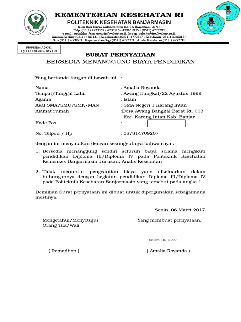 Form Pernyataan Kesanggupan Menanggung Biaya